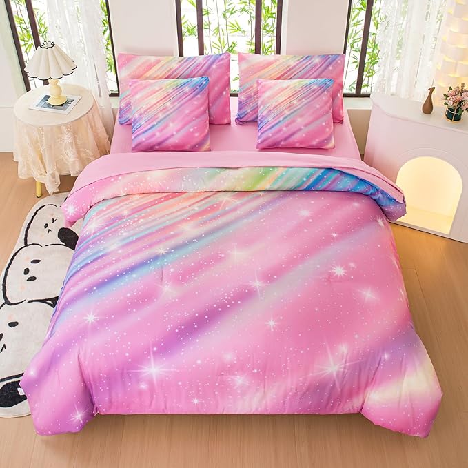 Full Size Bedding Sets Kids Bedding Sets for Girls,Galaxy Bedding 7pieces Glitter Pink Comforter, Colorful Comforter Full Size Comforter Sets for Teen Girls - LeafyLoom