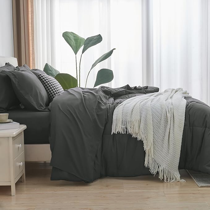 CozyLux Full Size Comforter Sets - 7 Pieces Bed in a Bag Set Dark Grey Full, Gray Complete Bedding Sets Bed Set for All Season with Comforter, Flat Sheets, Fitted Sheet, Pillowcases & Shams - LeafyLoom