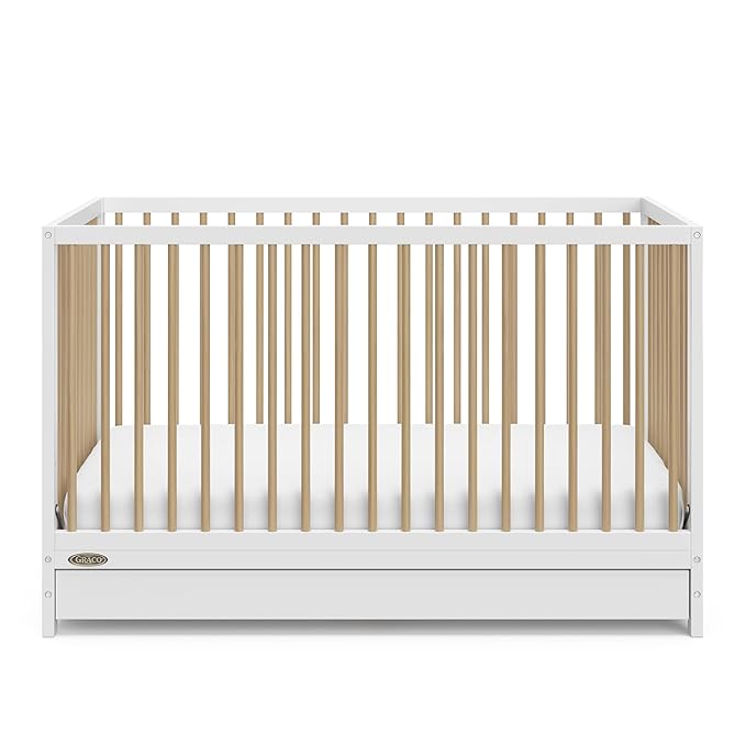 Graco Teddi 5-in-1 Convertible Crib with Drawer (White with Driftwood) – GREENGUARD Gold Certified, Crib with Drawer Combo, Full-Size Nursery Storage Drawer, Converts to Toddler Bed - LeafyLoom