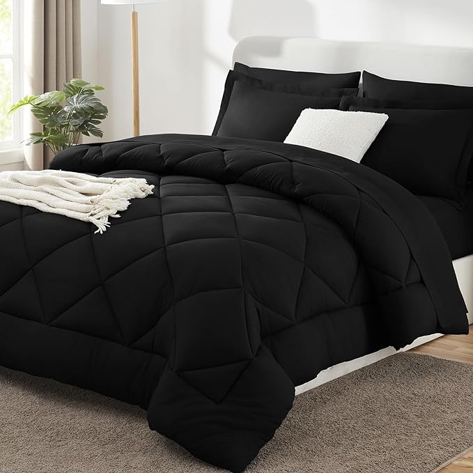 CozyLux Twin Bed in a Bag Comforter Sets with Comforter and Sheets 5 Pieces for Girls and Boys Black All Season Bedding Sets with Comforter, Pillow Sham, Flat Sheet, Fitted Sheet and Pillowcase - LeafyLoom