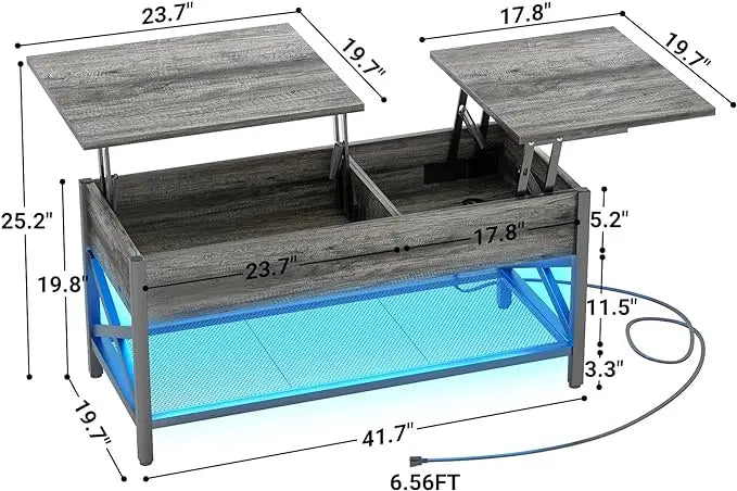 Aheaplus Coffee Table, Lift Top Coffee Table with LED light and Power Outlet, Modern Lift-Top Table with Storage Shelf, Center Table for Living Room, Lift Tabletop, X Support, Metal Frame, Black Oak - LeafyLoom