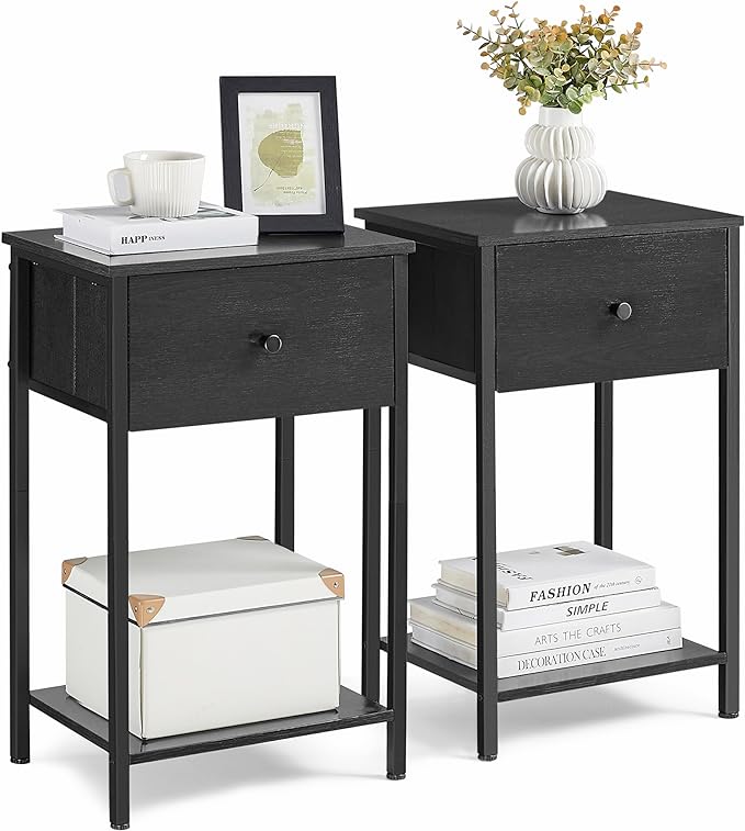 VASAGLE Nightstands, Set of 2, Side Table with Fabric Drawer, 24-Inch Tall End Table with Storage Shelf, Bedroom, Black ULGS221B21 - LeafyLoom