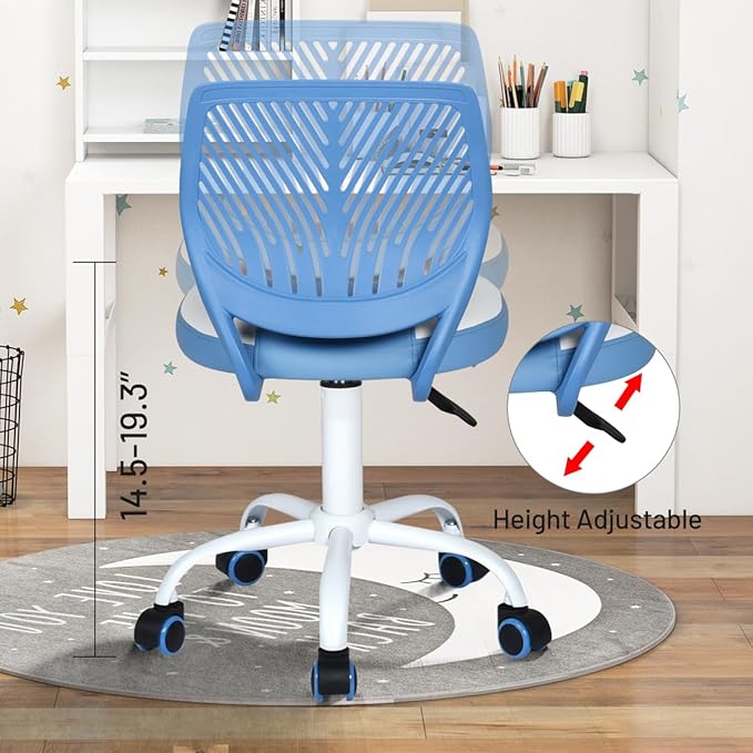 FurnitureR Desk Chair Small Study Chairs Armless for Child Kids Teens, Swivel Rolling Lightweight Task Chair with Wheels and Pu Leather Padded Cushion, Blue/White - LeafyLoom