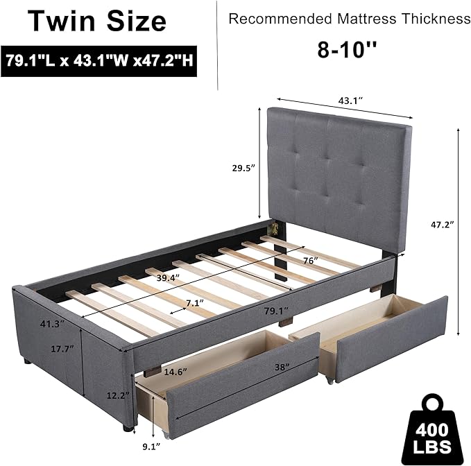 Bellemave Upholstered Twin Size Platform Bed Frame with 2 Storage Drawers and Headboard, Linen Fabric Simple Style, Solid Wooden Slats Support, No Box Spring Needed, Grey - LeafyLoom