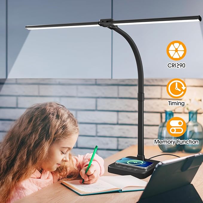 ShineTech LED Desk Lamp for Home Office, 24W Double Head Desk Light with Wireless Charging, USB Port, 25 Lighting Modes Adjustable Gooseneck Lamps - LeafyLoom