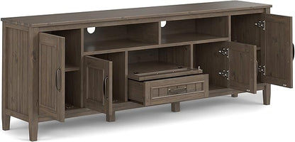 SIMPLIHOME Lev SOLID WOOD 72 Inch Wide Contemporary TV Media Stand in Smoky Brown for TVs up to 80 Inches, For the Living Room and Entertainment Center - LeafyLoom