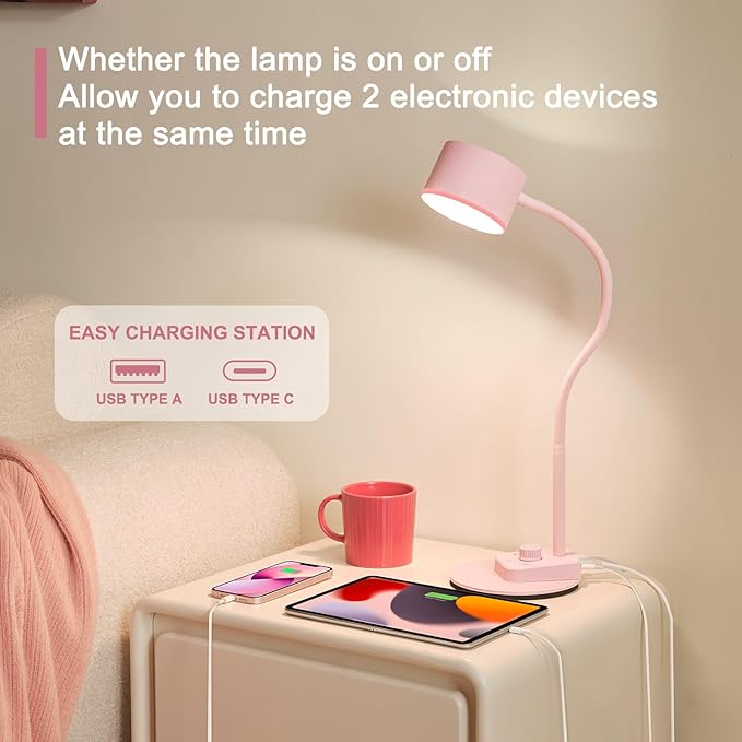 Cute Desk Lamp with USB C + A Charging Port, 5 Colors Dimmable Reading Lamps, Minimalist Pink Lamp for Kids, Eye Care Metal Bedside Table Lamp with Timer Flexible Gooseneck Desk Light for Home Office - LeafyLoom