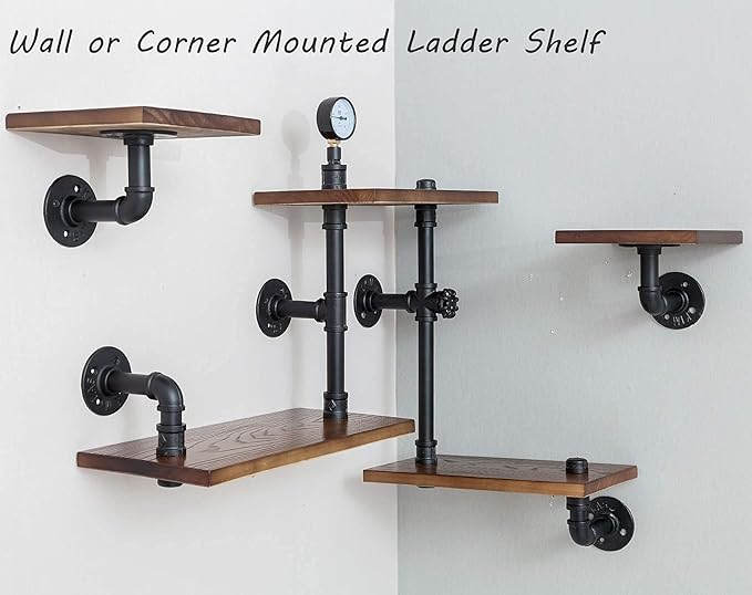 Industrial Rustic Modern Wood Ladder Pipe Wall Mounted Floating Shelves - Set of 3 Bookshelf,DIY Storage Shelving,Hung Bracket,Bookcase (Set of 3 Ladder Shelves) - LeafyLoom