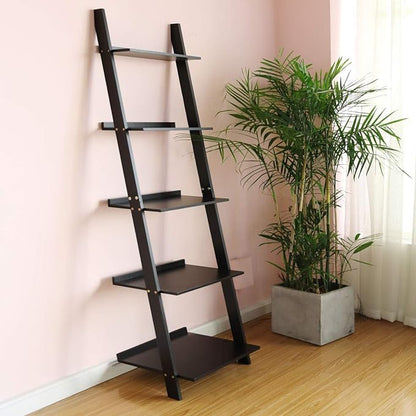 HYNAWIN Ladder Shelf 5 Tier Bookcase, Multipurpose Plant Flower Stand Bookshelf Storage Rack Shelves, Wood Look Accent Bamboo Frame Modern Furniture Home Office (Black) - LeafyLoom