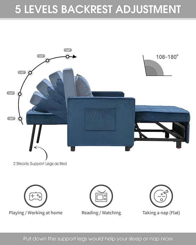 XSPRACER [UPDATED] Convertible Sleeper Chair Bed 3 in 1, Stepless Adjustable Backrest,Armchair, Sofa, Bed, Flannel, Dark Blue, Single One - LeafyLoom