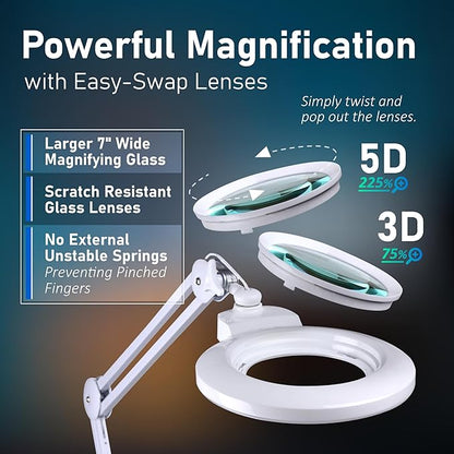 Desk Magnifying Glass with Light - DAEV - 7" Large LED Magnifying Glass with Clamp, Easy Change 5D (2.25X) and 3D (1.75X) Glass. 1600 Lumen, 6500K CCT Dimmable LED Magnifier with Light, White - LeafyLoom