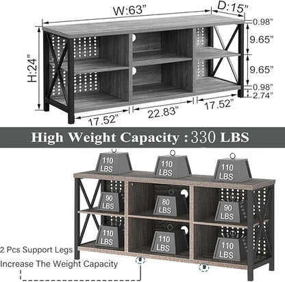 LVB TV Stand for 75 Inch TV, Long Modern Rustic Wood Entertainment Center, Large Industrial Metal Media Television Stands with Console Table Cabinet Storage for Living Bedroom, Light Gray Oak, 63 Inch - LeafyLoom