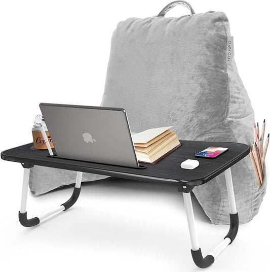 Clara Clark Reading Pillow with Portable Lap Desk for laptop Set, Back Pillow for Sitting Up in Bed, Memory Foam Back Support Pillow, Bed Rest Pillow with Foldable Laptop Desk, Standard - Light Grey - LeafyLoom