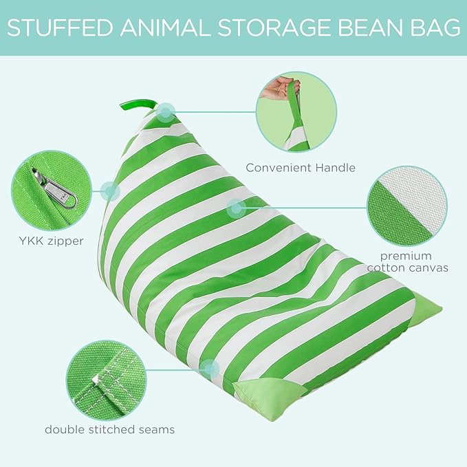 Aubliss Stuffed Animal Storage Bean Bag Chairs Cover, 50"x 35" Extra Large Bean Bags Chair for Kids & Adults, Beanbag Toy Storage for Boys Girls - Premium Cotton Canvas Green Stripe - LeafyLoom