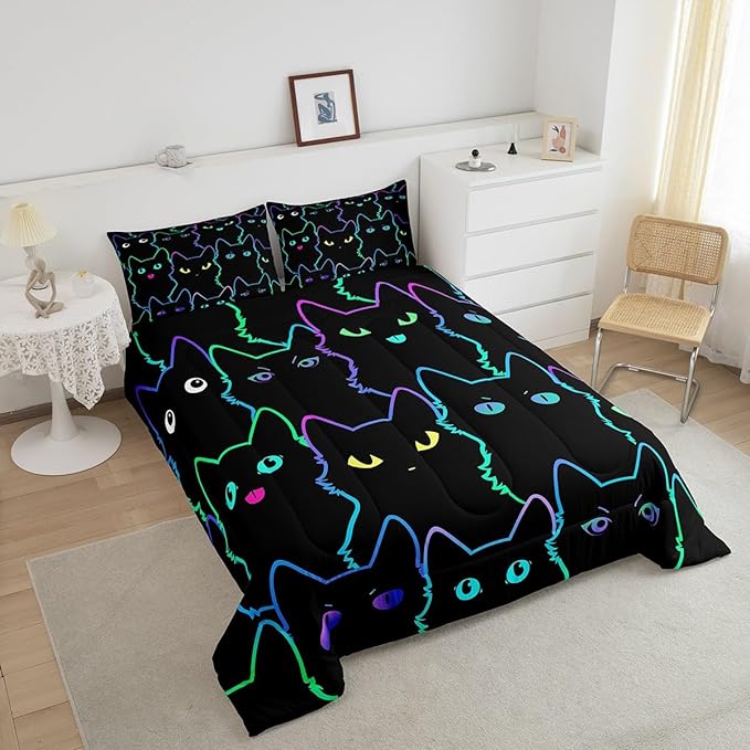 Erosebridal Cute Cat Kids Comforter Neon Rainbow Line Cat King Bedding Set for Boys Girls Teen Cartoon Kawaii Cats Toddler Bed Set Colorful Animals Quilt Set Reversible Black,2 Pillow Cases - LeafyLoom