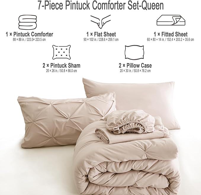 Ubauba 7pc Beige Queen Comforter Set with Sheets, 7 Piece Pintuck Bed in a Bag Ivory with Comforter and Sheets, Off White Bedding Comforters & Sets (Cream, Queen Size) - LeafyLoom