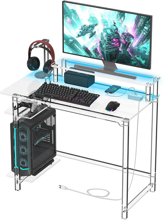 HMYHUM Acrylic Gaming Desk with LED Lights & Charging Station, Clear Computer Desk with Monitor Stand and Shelves, Home Office Desk with USB Ports & Outlet, 39.4" L x 19.7" W x 29.5" H - LeafyLoom