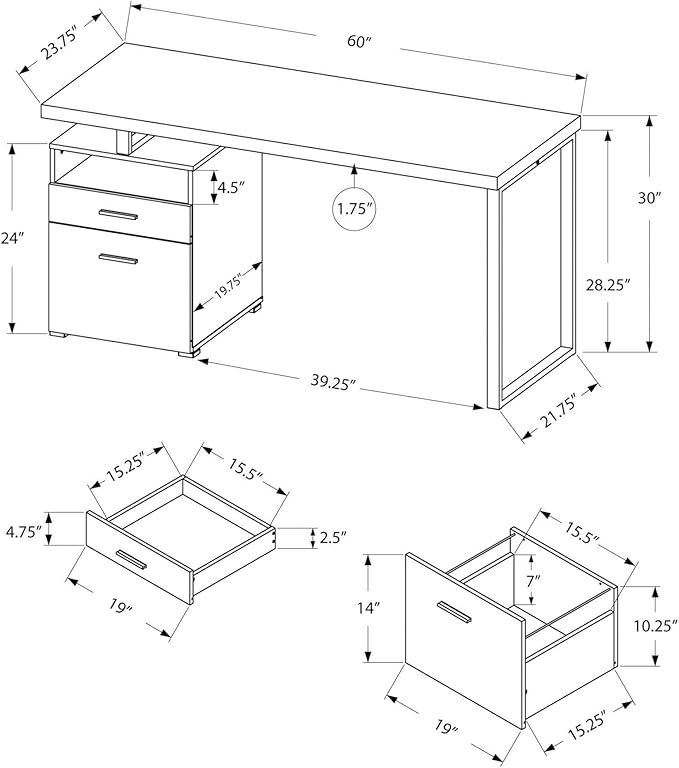 Monarch Specialties Computer Writing Desk for Home & Office Laptop Table with Drawers Open Shelf and File Cabinet-Left or Right Set Up, 60" L, Walnut - LeafyLoom