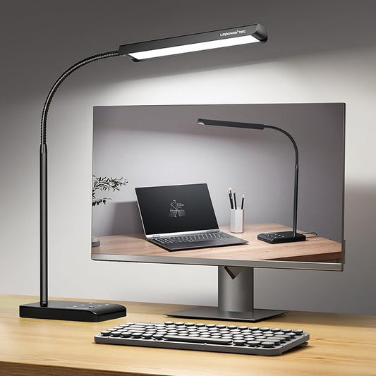 LED Desk Lamp, 12W Reading Desk Lamp for Office Home with 60 Lighting Modes, Touch Control & Timer Function, 750LM Bright Eye-Caring Gooseneck Desk Light Table Lamp for Study, Work, Black - LeafyLoom