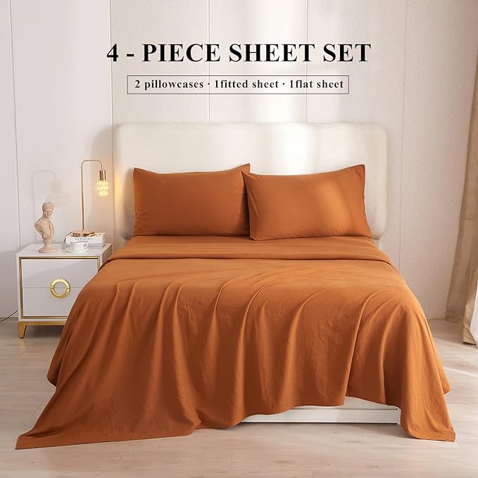 HighBuy Full Size Sheet Sets Caramel Pumpkin - 4 Piece Bed Sheets and Pillowcase Set for Full Bed Mattress - Rust Cooling Sheets Soft Deep Pocket Sheets,Fitted Sheets,Full Bed Sheets,Pumpkin - LeafyLoom