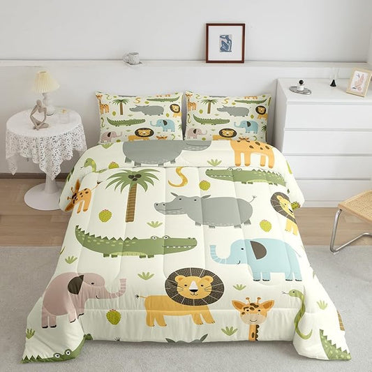 Feelyou Nursery Cute Wild Animals Bedding Set for Girls Boys Child Kids Cartoon Lion Giraffe Crocodile Comforter Decor Nature Wildlife Comforter Set Zoo Animal Duvet Set King Size Quilt Boys - LeafyLoom