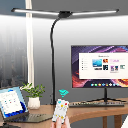 LED Desk Lamp with Wireless Remote, Dual Screen Computer Monitor Desk Lamps for Home Office, Eye Protection Modern Table Light Adjustable Flexible Gooseneck, for Architect Studio Working Reading - LeafyLoom