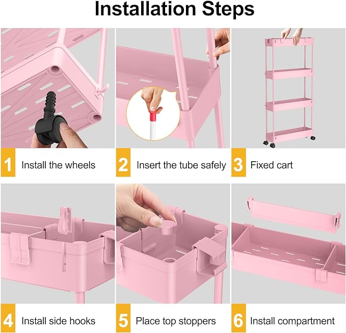 SPACELEAD Slim Storage Cart 4 Tier,Bathroom Storage Organizer Rolling Utility Cart, Mobile Shelving Unit Slide Out Storage Cart for Office, Bathroom, Kitchen, Laundry Room & Narrow Places， Pink - LeafyLoom