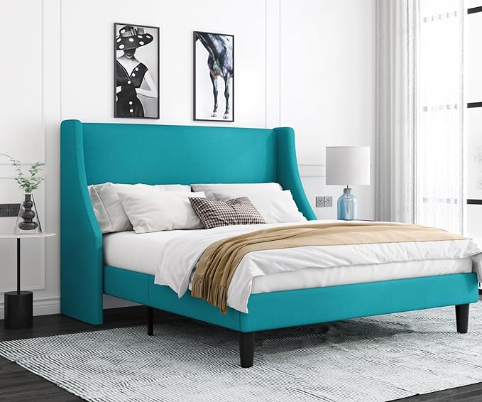 Allewie Full Size Bed Frame, Platform Bed Frame with Upholstered Headboard, Modern Deluxe Wingback, Wood Slat Support, Mattress Foundation, Peacock Green - LeafyLoom