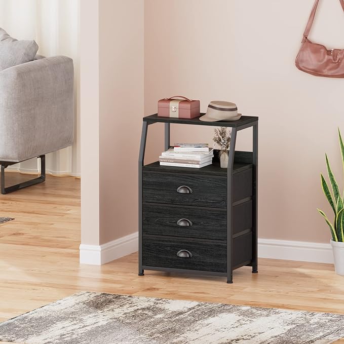 Furnulem Black Dresser for Bedroom, Small Nightstand with 3 Fabric Storage Drawers and 2-Tier Shelf, End Table Side Furniture for Closet, Hallway, Nursery, Sturdy Steel Frame, Wood Top (Black Oak) - LeafyLoom