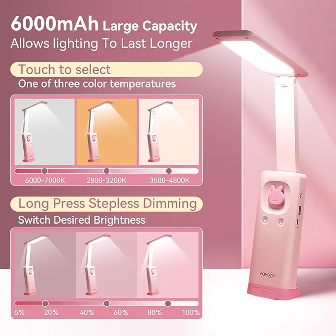 VAVOFO Desk Lamp Foldable Portable Cute Desk Lamp, Battery Powered Desk Lamp, Built-in 6000mAh Rechargeable, 3 Color Warm Pink Desk Lamp, USB C Rechargeable Desk Lamp, Cordless Desk Lamp, Battery Lamp - LeafyLoom