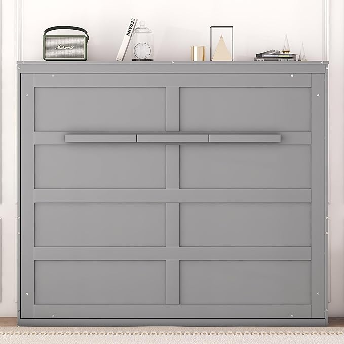 Merax Modern Farmhouse Solid Wood Murphy Cabinet Bed, No Box Spring Needed/Easy Assemble/Queen,Gray - LeafyLoom