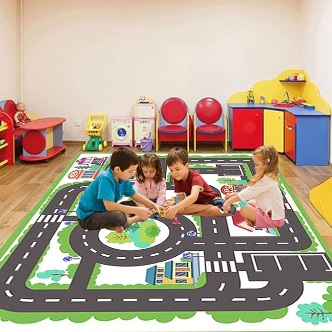 kid rug carpet playmat for toy cars and trains,road traffic kids play area rug,city Life town play Mat for Playroom Bedroom Boys,Children's Educational Fun Throw Rug with Rubber Backing 55X79IN - LeafyLoom