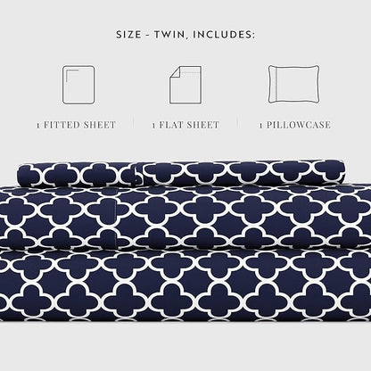 Linen Market 3 Piece Twin Bedding Sheet Set (Navy Quatrefoil) - Sleep Better Than Ever with These Ultra-Soft & Cooling Bed Sheets for Your Twin Size Bed - Deep Pocket Fits 16" Mattress - LeafyLoom