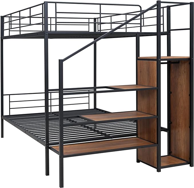 Full Over Full Metal Bunk Bed Frame with Lateral Storage Ladder & Wardrobe,Heavy-Duty Steel Frame Bunk Bed with Safety Guard Rails, for Kids Teens Adults, No Box Spring Needed - LeafyLoom