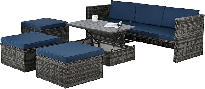 Modular Rattan Outdoor Sectional Furniture, Wicker Conversation Patio Sets with Plywood Coffee Table and Lounger Sofa for Backyard, Db-Navy Blue - LeafyLoom