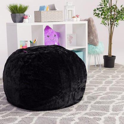 Posh Creations Bean Bag Chair for Kids, Teens, and Adults Includes Removable and Machine Washable Cover, Soft Faux Rabbit Fur - Black, 27in - Medium - LeafyLoom