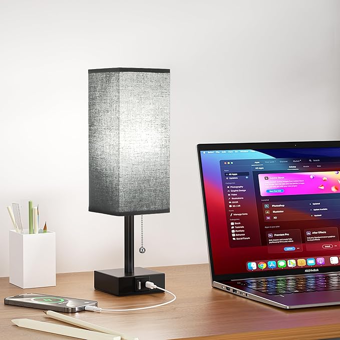 Black Small Table Lamp for Bedroom - 3 Color Temperature 3000K 5000K 4000K Bedside Lamp, Pull Chain Control, USB A and C Charging Ports, Black Base, for Kids Office Dorm Nightstand, Bulb Included - LeafyLoom