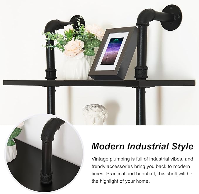 HOMBAZAAR Industrial Bookshelf, 6-Tier Industrial Pipe Bookshelf, Wall Mounted Ladder Shelf with Metal Frame for Home Office, Living Room, Black - LeafyLoom