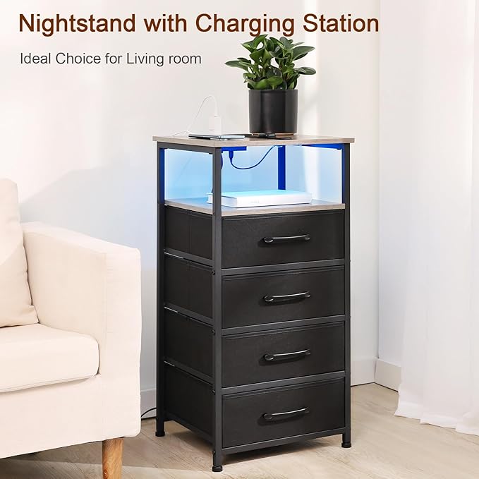 Nightstands Set of 2, Large End Tables Living Room, Bed Side Tables with Charging Station, 30" Tall Night Stand with 4 Fabric Drawers and LED Light Strip for Bedroom HNS014GY - LeafyLoom