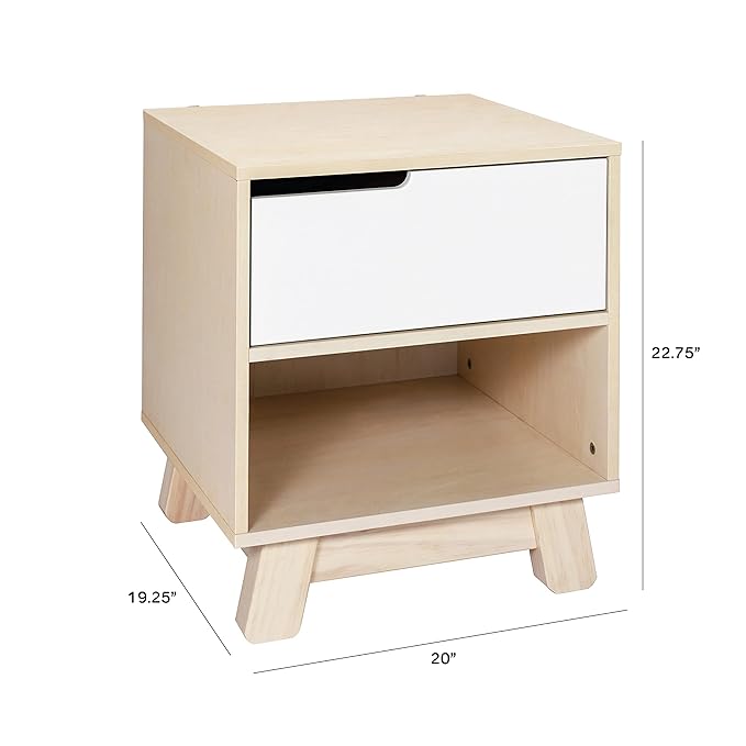 Babyletto Hudson Nightstand with USB Port in Washed Natural and White, 1 Drawer and Storage Cubby - LeafyLoom