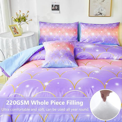 PERFEMET Purple Mermaid Twin Comforter Set for Girls, 6 Pieces Colorful Rainbow Twin Bedding Sets, Tie Dye Ombre Glitter Bed in A Bag Comforter Set with Sheets - LeafyLoom