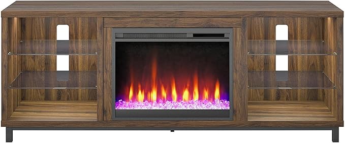 Ameriwood Home Lumina Fireplace TV Stand for TVs up to 70 Inch, Replaceable Electric Fireplace Insert Heater, Remote Control, Timer, Color Changing LED Lights, Crystal Ember Flames, Walnut - LeafyLoom