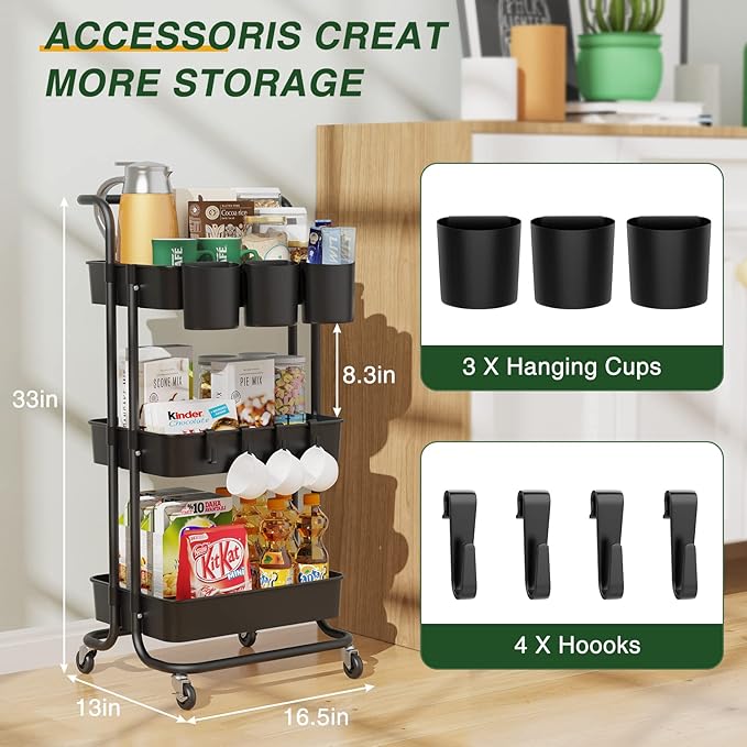 LEHOM 3-Tier Rolling Mobile Utility Cart with Hanging Cups & Hooks & Handle Multifunctional Organizer Storage Trolley Service Cart with Wheels Easy Assembly for Office, Bathroom, Kitchen (Black) - LeafyLoom