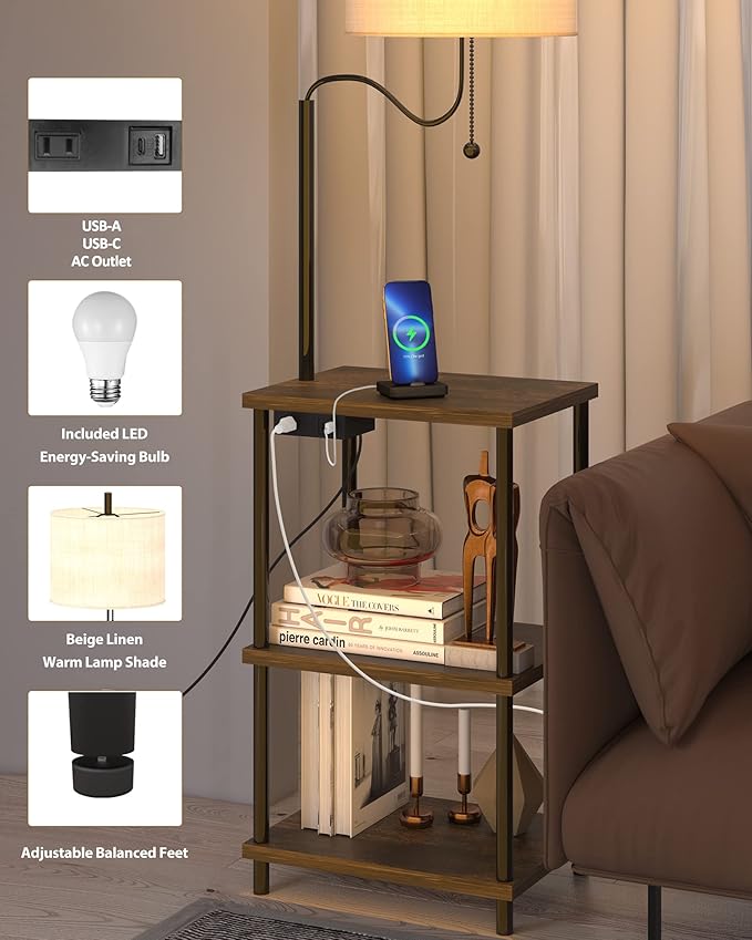 Floor Lamp End Table with Charging Station, Retro Bedside Table with Lamp for Living Room, Small Side Table Nightstand for Bedroom, Floor Lamp with USB Ports Type-C(Bulb Included) - LeafyLoom