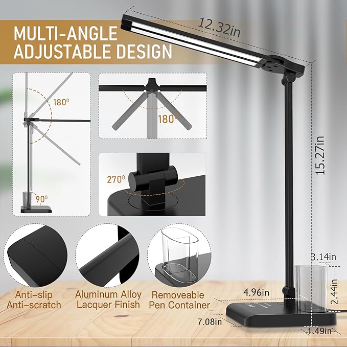 Dimmable LED Desk Lamp with USB Charging Port, 50 Lighting Modes Dual Swing Arm Architect Table Lamp Light Desk Lamp for Home Office Dorm Piano Nail - LeafyLoom