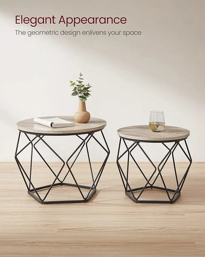 VASAGLE Small Coffee Table Set of 2, Round Coffee Table with Steel Frame, Side End Table for Living Room, Bedroom, Office, Greige and Ink Black - LeafyLoom