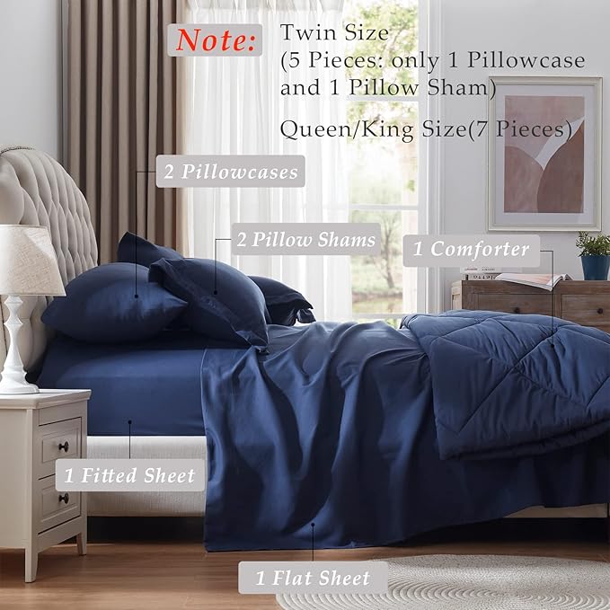 NexHome King Bed in a Bag 7-Pieces Navy Comforter Sets with Comforter and Sheets Soft All Season Bedding Sets with Comforter, Pillow Shams, Flat Sheet, Fitted Sheet and Pillowcases - LeafyLoom