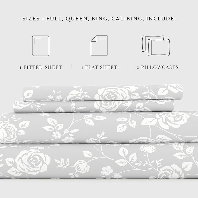 Linen Market 4 Piece King Bedding Sheet Set (Light Gray Roses) - Sleep Better Than Ever with These Ultra-Soft & Cooling Bed Sheets for Your King Size Bed - Deep Pocket Fits 16" Mattress - LeafyLoom