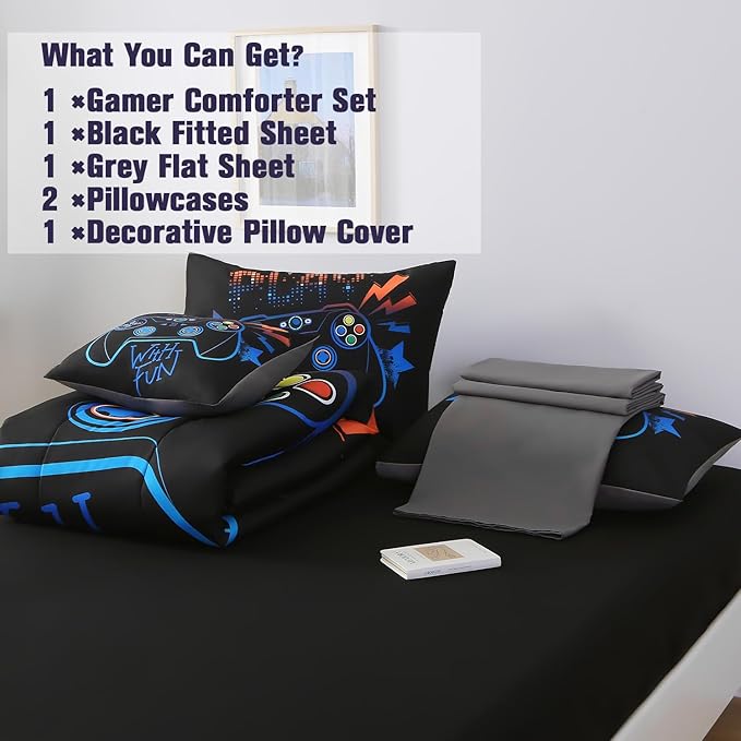 6Pcs Game Console Comforter Set with Sheets for Boys Girls Kids Teens, Geometric Gaming Themed Bed in A Bag Full Size, 3D Video Gamer Controller Bedroom Decor Bedding Set(Blue) - LeafyLoom