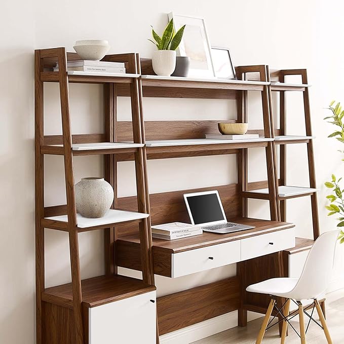 Modway Bixby 3-Piece Home Office Desk and Bookshelf Display Case in Walnut White - LeafyLoom